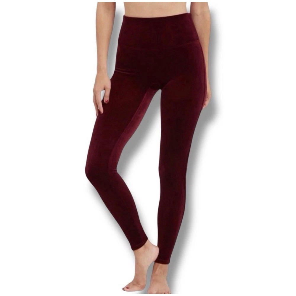 Auth SPANX Women Leggings S Shiny Velvet High Waisted Rich Burgundy #2070